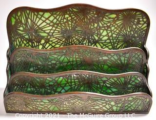 Antique Art Nouveau Tiffany Studios, NY, Pine Needle Four Tier Letter Holder Made of Green Mottled Slag Glass and Etched Bronze. Cracks in Back Glass that do not impact integrity of piece.  Review Photos.  It measures 13"L x 9"T x 4"W.