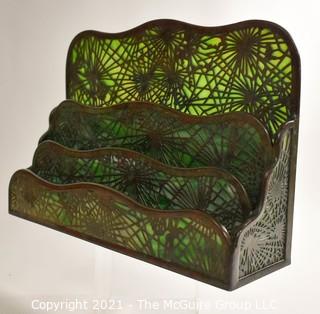 Antique Art Nouveau Tiffany Studios, NY, Pine Needle Four Tier Letter Holder Made of Green Mottled Slag Glass and Etched Bronze. Cracks in Back Glass that do not impact integrity of piece.  Review Photos.  It measures 13"L x 9"T x 4"W.