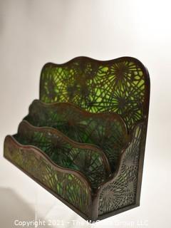 Antique Art Nouveau Tiffany Studios, NY, Pine Needle Four Tier Letter Holder Made of Green Mottled Slag Glass and Etched Bronze. Cracks in Back Glass that do not impact integrity of piece.  Review Photos.  It measures 13"L x 9"T x 4"W.