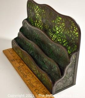 Antique Art Nouveau Tiffany Studios, NY, Pine Needle Four Tier Letter Holder Made of Green Mottled Slag Glass and Etched Bronze. Cracks in Back Glass that do not impact integrity of piece.  Review Photos.  It measures 13"L x 9"T x 4"W.