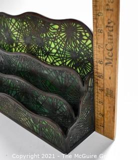 Antique Art Nouveau Tiffany Studios, NY, Pine Needle Four Tier Letter Holder Made of Green Mottled Slag Glass and Etched Bronze. Cracks in Back Glass that do not impact integrity of piece.  Review Photos.  It measures 13"L x 9"T x 4"W.