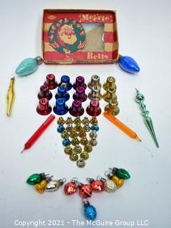 Group of Vintage Mercury Glass Christmas Ornaments Including Merry Bells with Box, Feather Tree Ornaments, Replacment Bulbs for Bubble Lights. Etc. 