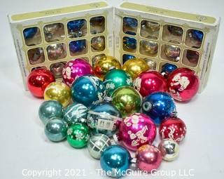 Group of Vintage Mercury Glass Christmas Ornaments, Some with Paint Illustrations.