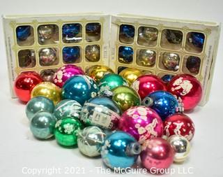 Group of Vintage Mercury Glass Christmas Ornaments, Some with Paint Illustrations.