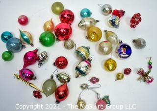 Group of Vintage Mercury Glass Christmas Ornaments Including Feather Tree.