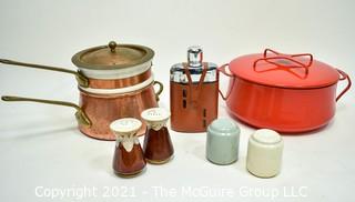 Group of Kitchenwares Including Copper Sauce Pot with Pottery Liner, Red Enamel Covered Pot, Griffon Flask and Salt & Pepper Shakers. 