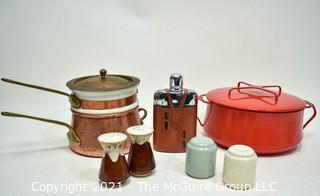 Group of Kitchenwares Including Copper Sauce Pot with Pottery Liner, Red Enamel Covered Pot, Griffon Flask and Salt & Pepper Shakers. 