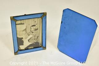 Vintage Art Deco Blue Mirror Picture Frame and Mirror Tray.
