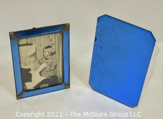 Vintage Art Deco Blue Mirror Picture Frame and Mirror Tray.
