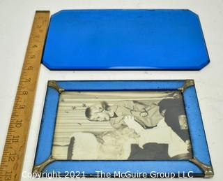 Vintage Art Deco Blue Mirror Picture Frame and Mirror Tray.
