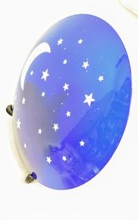 Large Convex Blue Glass with White Moon & Stars Ceiling Lamp Shade.  Missing Mounting Hardware or Bracket.  Measures 18" in diameter.  