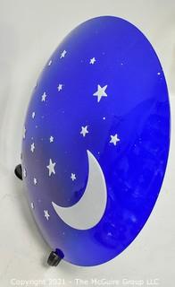 Large Convex Blue Glass with White Moon & Stars Ceiling Lamp Shade.  Missing Mounting Hardware or Bracket.  Measures 18" in diameter.  