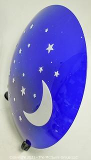 Large Convex Blue Glass with White Moon & Stars Ceiling Lamp Shade.  Missing Mounting Hardware or Bracket.  Measures 18" in diameter.  