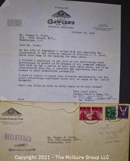 1944 Letter from Gawler's Funeral Home in Washington DC to Mr. Thomas F. Scott, asking for direction as to the disposition of the cremated remains of Winfield F.G. Scott that they were holding.  