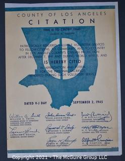 Vintage Los Angeles Civil Defense Citation or Award for Service Dated V-J Day, September 2, 1945. 