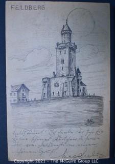 Original Pencil Drawing of Feldberg Castle, Germany, by Max Seeley circa 1905. Good cancellation stamps on verso