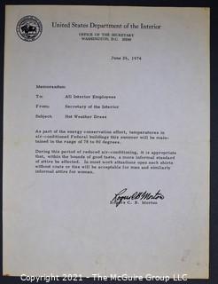 Signed memo from Rogers C. B. Morton, Secretary of the Interior, informing all employees on June 26, 1974, that thermostats in all offices were to be set at 78-80 degrees in order to conserve energy.  