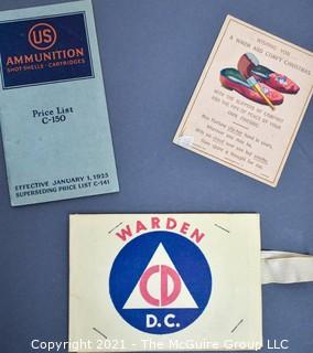 Group of Ephemera Includes 1925 US Cartridge Ammunition Catalog, 1950's Civil Defense Warden Arm Band & Trading Card 