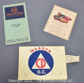 Group of Ephemera Includes 1925 US Cartridge Ammunition Catalog, 1950's Civil Defense Warden Arm Band & Trading Card 