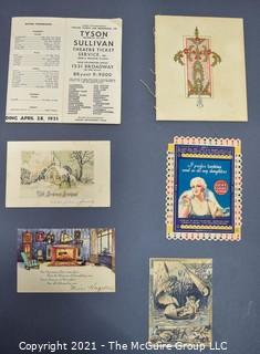 Group of Ephemera Including 1951 List of Amusements in New York Tyson Sullivan Theater Ticket Service, Lucky Strike Bridge Tally and Christmas Postcards.