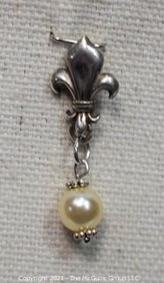 Sterling Silver Fleur De Lis Pendant with Drop Pearl. 