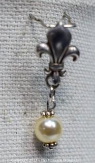 Sterling Silver Fleur De Lis Pendant with Drop Pearl. 