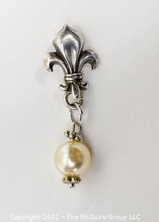 Sterling Silver Fleur De Lis Pendant with Drop Pearl. 