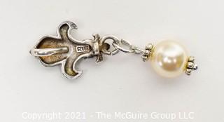 Sterling Silver Fleur De Lis Pendant with Drop Pearl. 