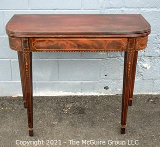 Vintage Hepplewhite Style Inlaid Mahogany Folding Console Table. Measures 30"T x 36"L x 34"W when open.