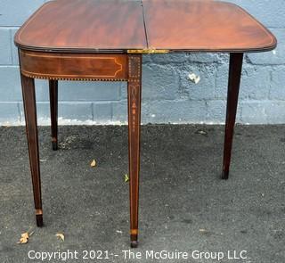 Vintage Hepplewhite Style Inlaid Mahogany Folding Console Table. Measures 30"T x 36"L x 34"W when open.