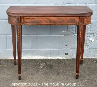 Vintage Hepplewhite Style Inlaid Mahogany Folding Console Table. Measures 30"T x 36"L x 34"W when open.