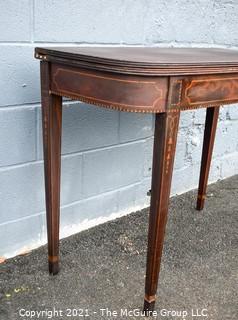 Vintage Hepplewhite Style Inlaid Mahogany Folding Console Table. Measures 30"T x 36"L x 34"W when open.