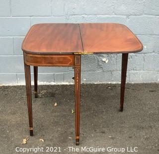 Vintage Hepplewhite Style Inlaid Mahogany Folding Console Table. Measures 30"T x 36"L x 34"W when open.