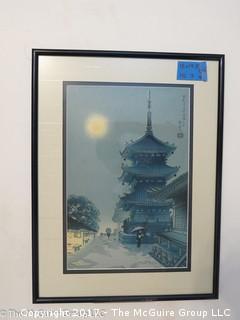 Framed Japanese woodblock print; signed