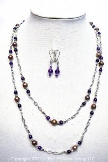 Natural Grey Pearl & Amethst Bead Necklace with Matching Dangle Earrings.  Measures 50" long. 