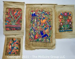 Four (4) Vintage Amate Mexican Folk Art Bark Paintings Mounted on Burlap.