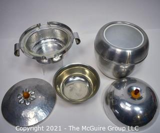 Set of Three Aluminum & Silver Plate Serving Items Including Hammered Casserole, Bowl and Ice Bucket with Bakelite Knob. Note: Bakelite knob needs repair