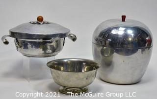 Set of Three Aluminum & Silver Plate Serving Items Including Hammered Casserole, Bowl and Ice Bucket with Bakelite Knob. Note: Bakelite knob needs repair