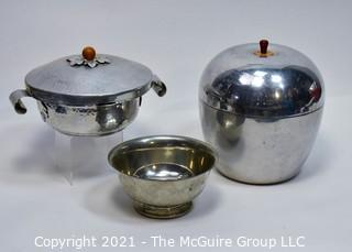 Set of Three Aluminum & Silver Plate Serving Items Including Hammered Casserole, Bowl and Ice Bucket with Bakelite Knob. Note: Bakelite knob needs repair