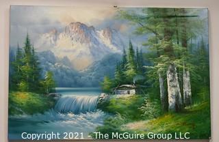 Large Unframed Oil on Canvas Landscape of Waterfall 