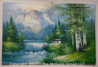 Large Unframed Oil on Canvas Landscape of Waterfall 