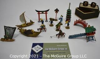 Collection of Metal Figurines from Japan and Gold Plated Hofbrau House Stein Cufflinks in Box.