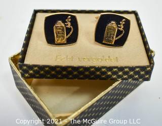 Collection of Metal Figurines from Japan and Gold Plated Hofbrau House Stein Cufflinks in Box.