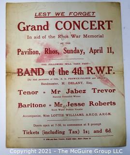 Vintage Poster for the Grand Concert to Raise Funds for the Rhos Memorial, Wales. The Rhosllanerchrugog War Memorial commemorates those local people who died in two world wars, along with the civilians killed when a bomb fell in Osborne Street During WWII.