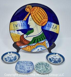 Group of Porcelain Plates Including Large Hand Painted Italian Platter, Two Blue and White Ironstone Plates and Two Nymolle Art Faience Hoyrup Denmark Plates. 