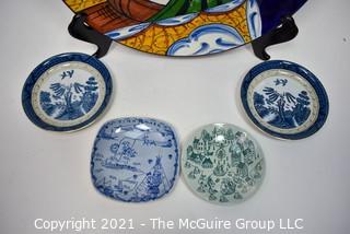 Group of Porcelain Plates Including Large Hand Painted Italian Platter, Two Blue and White Ironstone Plates and Two Nymolle Art Faience Hoyrup Denmark Plates. 