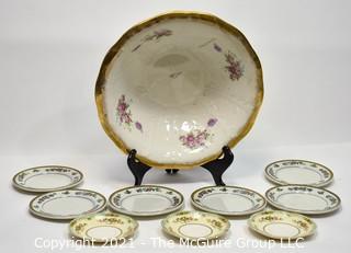 Group of Porcelain Items Including Wash Basin, Six Restaurantware plates and Four Fruit Bowls (One not shown). 