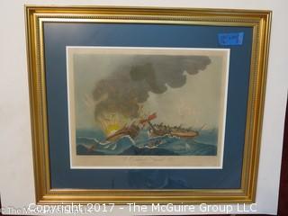 Framed colored lithograph entitled "Le Combat, Naval";(25 1/2 x 29 1/2")