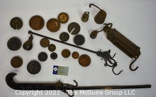 Group of Vintage Hanging Scales and Cast Iron Scale Weights