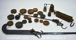 Group of Vintage Hanging Scales and Cast Iron Scale Weights